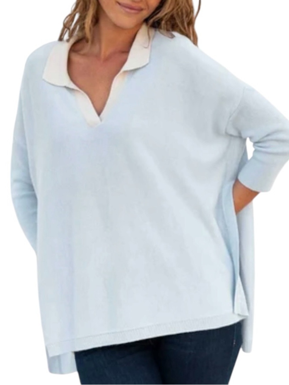MERSEA Catalina Polo Sweater One Size Sky Blue Off White Collar V Neck Preppy